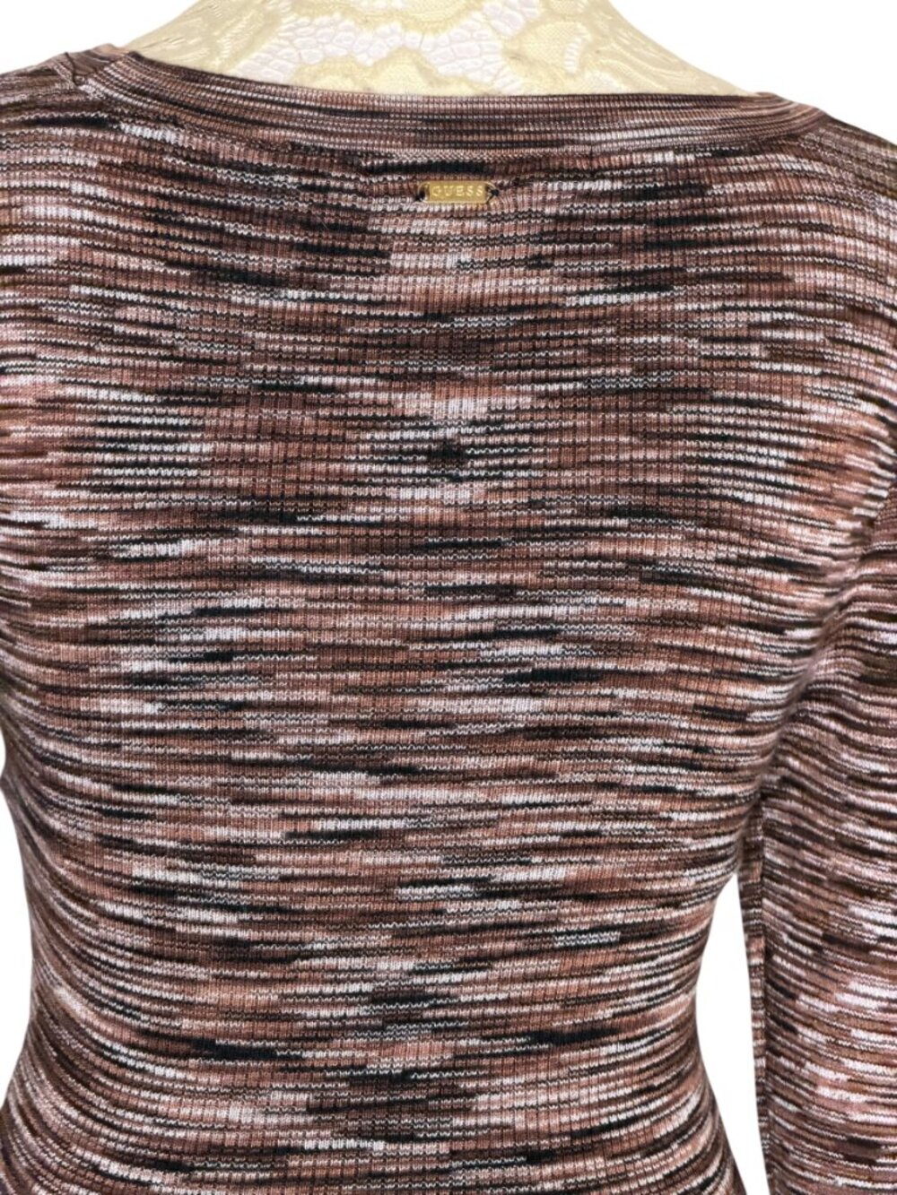 Guess Sweater Rib Knit Top Blouse Space Dye Brown Cream S NWOT - Picture 6 of 9